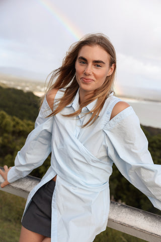 Deconstructed Wrap Shirt in Powder Blue